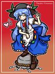  blue_hair blush bow character_name cross-laced_footwear eruru_(erl) food fruit hat heart hinanawi_tenshi keystone leaf long_hair long_skirt one_eye_closed peach red_eyes rock rope short_sleeves skirt solo touhou v very_long_hair 