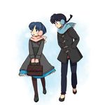  1girl black_hair blue_hair blue_scarf braid couple earmuffs full_body hetero lum10 pantyhose pink_scarf ranma_1/2 saotome_ranma scarf school_uniform short_hair single_braid tendou_akane 