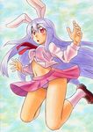  animal_ears blush bunny_ears jumping kawachi_koorogi lavender_hair loafers long_hair midriff necktie panties red_eyes red_neckwear reisen_udongein_inaba shoes skirt socks solo touhou traditional_media underwear wind wind_lift 