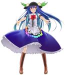  bad_id bad_pixiv_id blue_hair blush bow cross-laced_footwear food frills fruit hat highres hinanawi_tenshi leaf long_hair long_skirt peach red_eyes salmon_(saaamon) short_sleeves simple_background skirt smile solo touhou very_long_hair 
