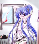  alternate_hairstyle bad_id bad_pixiv_id bed blue_hair blush food fruit hat hat_removed headwear_removed hinanawi_tenshi hizuki_arata leaf long_hair mirror multiple_girls nagae_iku panties peach pink_eyes ponytail short_sleeves touhou underwear very_long_hair 