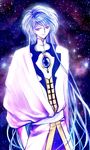  androgynous blue blue_eyes cardcaptor_sakura flyn gem light_smile long_hair male_focus silver_hair sky solo star_(sky) starry_sky yue_(ccs) 