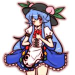  blue_hair bow eruru_(erl) food frills fruit hat hinanawi_tenshi leaf long_hair one_eye_closed open_mouth peach red_eyes short_sleeves simple_background solo touhou very_long_hair 