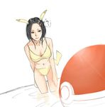  ? arm_behind_back bangs bare_shoulders bikini black_eyes black_hair blurry collar collarbone depth_of_field downblouse gen_1_pokemon hair_ornament hairclip hand_on_own_thigh leaning_forward legs_apart long_hair midriff navel parted_bangs pikachu pikachu_ears pikachu_tail poke_ball pokemon pokemon_(creature) pokemon_ears red_lips sdyoui simple_background sketch solo spiked_collar spikes spoken_question_mark standing stomach swimsuit tail wading water white_background yellow_bikini 