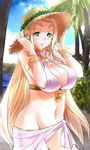  blonde_hair bracelet breasts celestine_lucullus cleavage elf green_eyes hat head_wreath jewelry kenjuurou kuroinu_~kedakaki_seijo_wa_hakudaku_ni_somaru~ large_breasts long_hair navel pointy_ears smile solo swimsuit very_long_hair 