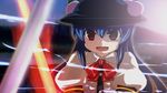  blue_hair bow food fruit hat hinanawi_tenshi leaf long_hair open_mouth peach red_eyes short_sleeves solo sweatdrop sword sword_of_hisou touhou tsubasa_(abchipika) very_long_hair weapon 