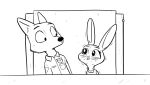  black_and_white blush canine chair clothing disney duo female fox judy_hopps lagomorph male mammal monochrome nick_wilde police_uniform rabbit shoutingisfun simple_background sitting sweat table uniform white_background zootopia 