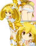  3: ass blush bow choker cure_peace double_v earrings hair_flaps homing_(areya) jewelry kise_yayoi long_hair multiple_views panties panty_pull ponytail precure skirt smile_precure! tears underwear v very_long_hair white_panties yellow yellow_bow yellow_choker yellow_eyes yellow_skirt 
