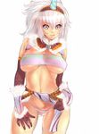  :q armor bad_id bad_pixiv_id blue_eyes breasts cleavage dodai_shouji elbow_gloves gloves hairband highres horn kirin_(armor) large_breasts long_hair midriff monster_hunter navel panties solo tongue tongue_out underwear white_hair 