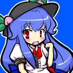  blue_hair blush bow eruru_(erl) fang food fruit hat hinanawi_tenshi leaf long_hair lowres open_mouth peach red_eyes short_sleeves solo touhou very_long_hair 