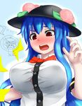  alternate_breast_size blue_hair blush bow breast_expansion breasts bursting_breasts food fruit hat hat_bow highres hinanawi_tenshi huge_breasts leaf long_hair multiple_girls nagae_iku open_mouth peach peso_(cheese_company) red_eyes ringed_eyes shawl short_hair short_sleeves surprised touhou very_long_hair 