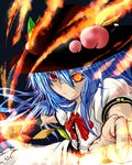  blue_hair bow burning_eye food fruit hat highres hinanawi_tenshi judo_fuu leaf long_hair peach red_eyes short_sleeves smile solo sword sword_of_hisou touhou very_long_hair weapon 