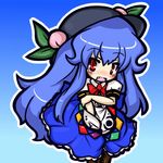  blue_hair blush cross-laced_footwear eruru_(erl) fang food fruit hat hinanawi_tenshi leaf long_hair long_skirt open_mouth peach red_eyes short_sleeves simple_background skirt solo touhou very_long_hair 