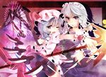  ascot bad_id bad_pixiv_id bat_wings blue_hair blush bow braid hair_bow hat hug izayoi_sakuya knife koyuri_shouyu maid maid_headdress multiple_girls one_eye_closed open_mouth purple_eyes red_eyes remilia_scarlet short_hair silver_hair smile spear_the_gungnir touhou twin_braids wings wrist_cuffs 