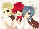  :d ;o bad_id bad_pixiv_id blue_eyes blue_hair blush bow bowtie brothers corn_(pokemon) dent_(pokemon) english green_eyes green_hair looking_back male_focus multiple_boys nicole_(usako) one_eye_closed open_mouth pod_(pokemon) pokemon pokemon_(game) pokemon_bw red_eyes red_hair siblings smile star tray triplets waiter 