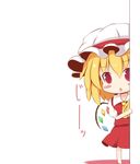  1girl :&lt; a_master_is_out around_corner ascot beni_shake blonde_hair blush_stickers chibi crimson_shake female flandre_scarlet hat hat_ribbon peeking_out red_eyes ribbon touhou transparent_background 