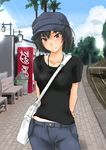  amagami arms_behind_back bag bench between_breasts black_hair blush bob_cut breasts brown_eyes casual cloud coca-cola day denim fashion hat head_tilt jeans jewelry light_smile looking_at_viewer midriff murasaki_iro nanasaki_ai necklace palm_tree pants product_placement railroad_tracks sett shirt short_hair sky smile solo strap_cleavage t-shirt train_station trash_can tree vending_machine 