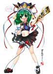  adapted_costume bad_id bad_pixiv_id blush bow green_eyes green_hair hat microphone miniskirt navel open_mouth rod rod_of_remorse shiki_eiki short_sleeves simple_background skirt solo sweatdrop takamoto_akisa touhou 