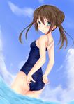  brown_hair double_bun fuuma_(humawww) highres long_hair looking_back mei_(pokemon) one-piece_swimsuit pokemon pokemon_(game) pokemon_bw pokemon_bw2 school_swimsuit solo swimsuit twintails 