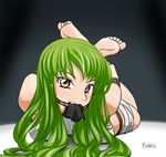  arms_behind_back barefoot bdsm blush bondage bound c.c. code_geass gagged green_hair hogtie kidetic long_hair looking_at_viewer lying on_stomach rope shorts soles solo toes yellow_eyes 