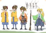  6+girls ahoge amami_haruka bayonet blonde_hair blue_hakama bow drum drumsticks ernest fife_(instrument) futami_ami futami_mami gun hachimaki hagiwara_yukiho hair_bobbles hair_bow hair_ornament hakama haori hat headband hoshii_miki idolmaster idolmaster_(classic) instrument japanese_clothes kisaragi_chihaya marching military multiple_girls musket ponytail producer_(idolmaster) samurai shovel siblings sword tabi takatsuki_yayoi twins waraji weapon 