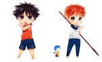  bad_id bad_pixiv_id black_eyes black_hair blue_hair chibi emiya_kiritsugu emiya_shirou fate/hollow_ataraxia fate/stay_night fate/zero fate_(series) father_and_son gae_bolg hawaiian_shirt highres lancer long_hair male_focus multiple_boys nc4 polearm ponytail pose raglan_sleeves red_hair shirt shorts spear tank_top time_paradox weapon yellow_eyes younger 