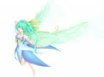  adapted_costume ahoge alternate_costume aqua_eyes arm_behind_head barefoot breasts cleavage daiyousei die_blonde_bestie dress fairy_wings full_body green_hair hair_ribbon highres large_wings long_hair medium_breasts older open_mouth pointy_ears ribbon side_ponytail simple_background solo touhou white_background wings 