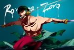  1boy bandanna blue character_name dual_wielding eilinna green_hair haramaki male male_focus mouth_hold muscle one-eyed one_eyed one_piece red_eyes robe roronoa_zoro sash scar solo sword topless weapon 