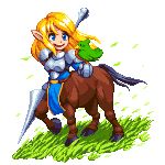  1girl armor bird blonde_hair centaur grass lance monster_girl open_mouth original pixel_art pixelflag pointy_ears polearm smile weapon 