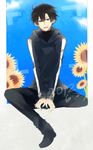  black_eyes black_hair fate/zero fate_(series) flower hood hoodie male_focus matou_kariya solo sunflower wa_ga_ne 