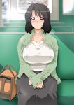  black_hair blush breasts erect_nipples folded_hands highres jewelry large_breasts milf necklace pearl_necklace sitting studio_sunadokei sweat tsuma_haha_~_shino-san_no_torokeru_kanjuku_oniku 