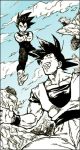  3boys :d black_hair blue blue_sky boots cape crossed_arms day dougi dragon_ball dragonball_z facing_away flying frown full_body happy looking_down looking_up lowres male_focus monochrome multiple_boys nitako open_mouth outdoors piccolo rock short_hair sky smile son_gokuu spiked_hair spot_color standing upper_body vegeta wristband 