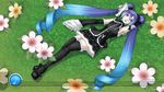  16:9 absolute_territory alternative_fashion blue_hair clothing dress female flower game_(disambiguation) goth hair hand_behind_head human long_hair lying mammal miku_(disambiguation) nature not_furry outside plant project_diva red_eyes solo vocalaid widescreen 