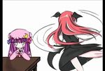  2girls animated animated_gif bat_wings crescent female get_down hat hat_ribbon head_wings koakuma long_hair lowres multiple_girls o_o patchouli_knowledge pelvic_thrust purple_hair red_hair ribbon touhou wings 