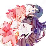  akemi_homura black_hair blue_eyes bow gloves hair_bow hairband highres kaname_madoka kiri_(linalool) long_hair long_sleeves magical_girl mahou_shoujo_madoka_magica multiple_girls open_mouth pink_eyes pink_hair puffy_sleeves shirt short_hair short_sleeves skirt twintails white_gloves yuri 