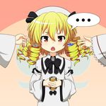  1girl blonde_hair blush can cato_(monocatienus) chestnut_mouth dress drill_hair fairy_wings hat long_sleeves luna_child open_hand pink_background red_eyes ribbon short_hair solo spoken_ellipsis sunny_milk touhou white_dress wide_sleeves wings 