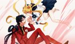  1girl androgynous bare_legs barefoot bishoujo_senshi_sailor_moon black_eyes black_hair blonde_hair blue_eyes blue_sailor_collar double_bun earrings flower formal jewelry juuban_high_school_uniform long_hair necktie ponytail rose sailor_collar school_uniform seiya_kou serafuku shabomu sitting suit tears tsukino_usagi twintails 