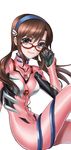  adjusting_eyewear blue_eyes bodysuit briska brown_hair evangelion:_2.0_you_can_(not)_advance glasses hairband makinami_mari_illustrious neon_genesis_evangelion pink_bodysuit plugsuit rebuild_of_evangelion red-framed_eyewear simple_background smile solo twintails white_background 