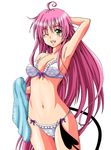  ahoge arm_behind_head armpits artist_request blush bow bow_bra bow_panties bra demon_tail derivative_work frills green_eyes lala_satalin_deviluke long_hair navel one_eye_closed open_mouth panties pink_hair smile solo tail thigh_gap to_love-ru to_love-ru_darkness towel underwear underwear_only very_long_hair 
