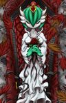  1girl autumn breasts coffin eyes_closed flower gardevoir green_hair lowres pokemon rose roses solo throne 