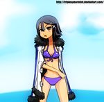  asagiri_asagi bikini black_hair blue_sky blush breasts cleavage day disgaea front-tie_top fur_trim hair_ornament hairclip jacket medium_breasts ocean open_clothes open_jacket open_mouth prinny_(series) prinny_~ore_ga_shujinkou_de_iinsuka?~ purple_bikini short_hair sky solo swimsuit triplespearmint 