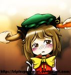  animal_ears bad_deviantart_id bad_id blush brown_hair carrot cat_ears cat_tail chen crying crying_with_eyes_open earrings hands hat jewelry multiple_tails mushroom object_insertion short_hair solo tail tears touhou triplespearmint 
