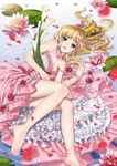  barefoot blonde_hair blue_eyes bracelet breasts briska choker cleavage crown dress feet flower frills gown jewelry lily_pad lying medium_breasts off_shoulder on_side original parted_lips personification petals princess solo strap_slip 