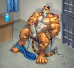  balls belt biceps big_muscles braford chair clothing erection feline fur green_eyes handcuffs huge_muscles lube male mammal masturbation muscles nipples nude officer pants pecs penis police precum prison shackles shorts solo tiger uncut vein veins 