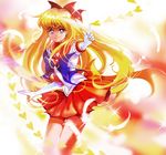  aino_minako athenacg back_bow bishoujo_senshi_sailor_moon blonde_hair blue_eyes bow chain choker earrings elbow_gloves feathers gloves hair_bow jewelry long_hair magical_girl orange_choker orange_sailor_collar orange_skirt red_bow sailor_collar sailor_senshi_uniform sailor_venus skirt solo standing thigh_gap tiara venus_love_me_chain white_gloves 