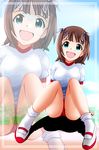  amami_haruka blackjunk brown_hair buruma green_eyes gym_uniform idolmaster idolmaster_(classic) open_mouth shoes short_hair solo uwabaki 