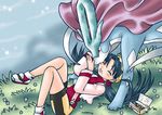  artist_request bike_shorts blue_hair closed_eyes creature crystal_(pokemon) flower gen_2_pokemon grass hat long_hair lying nature petting pokemon pokemon_(creature) pokemon_(game) pokemon_gsc river smile suicune twintails 