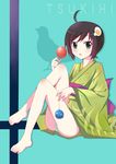  ahoge araragi_tsukihi ass bad_id bad_pixiv_id barefoot bird black_eyes black_hair blush candy_apple crossed_legs food fried_egg full_body hair_ornament japanese_clothes junk_doppel kimono monogatari_(series) nisemonogatari open_mouth panties short_hair short_kimono silhouette simple_background sitting solo striped striped_panties underwear water_yoyo 