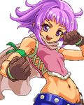  1girl alfa_system bare_shoulders belt breasts gloves hermana_larmo lowres midriff navel open_mouth purple_eyes purple_hair scarf short_hair tales_of_(series) tales_of_innocence 