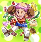  1girl alfa_system banana belt cake candy chocolate coda food fruit gloves hermana_larmo lowres midriff open_mouth pantyhose pink_eyes purple_hair scarf shoes short_shorts shorts strawberry tales_of_(series) tales_of_innocence wink 